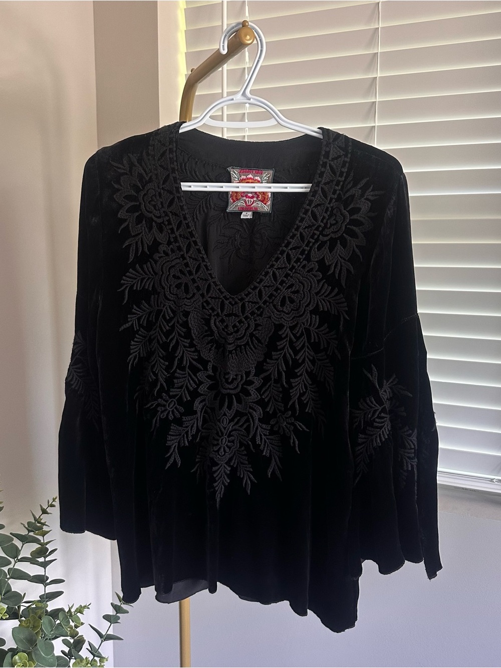 Johnny Was Black Velvet Embroidered V-Neck Top
